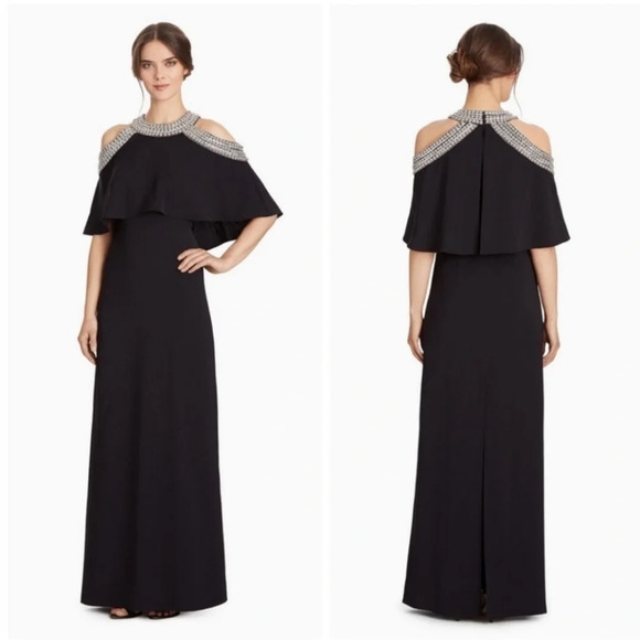 NWT Parker Black Label Black Color Gilles Rhinestone Evening Gown Dress